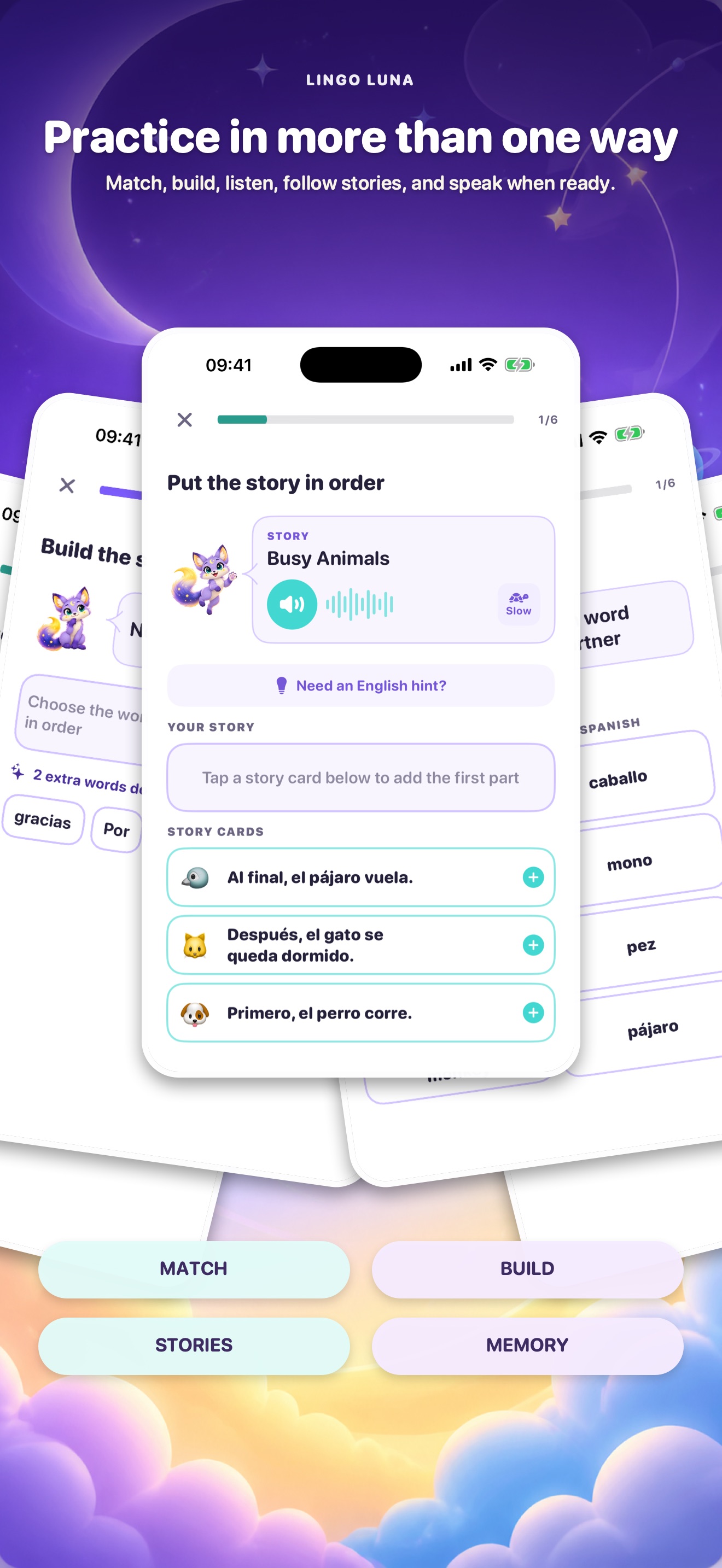 Several Lingo Luna exercise styles including stories and matching