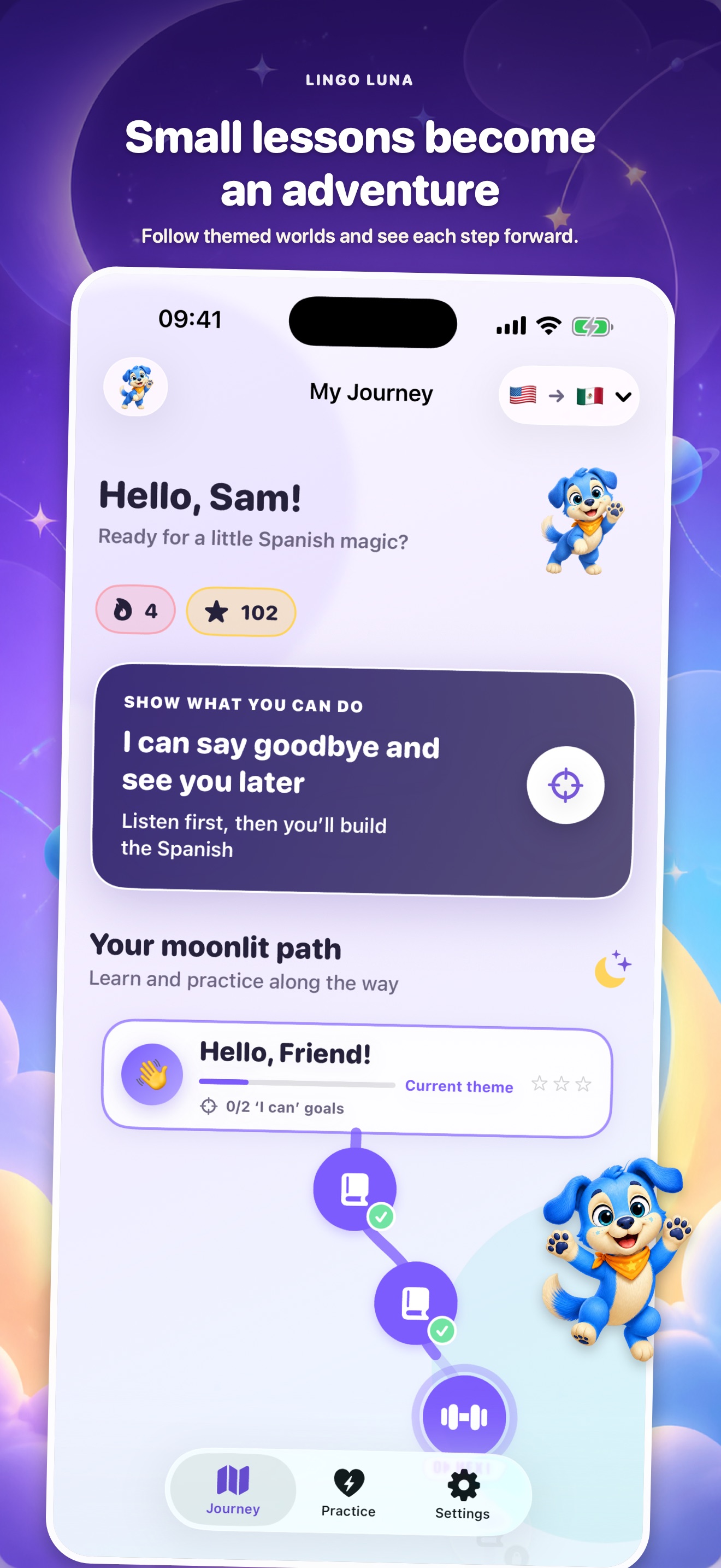 A moonlit learning journey with themed worlds