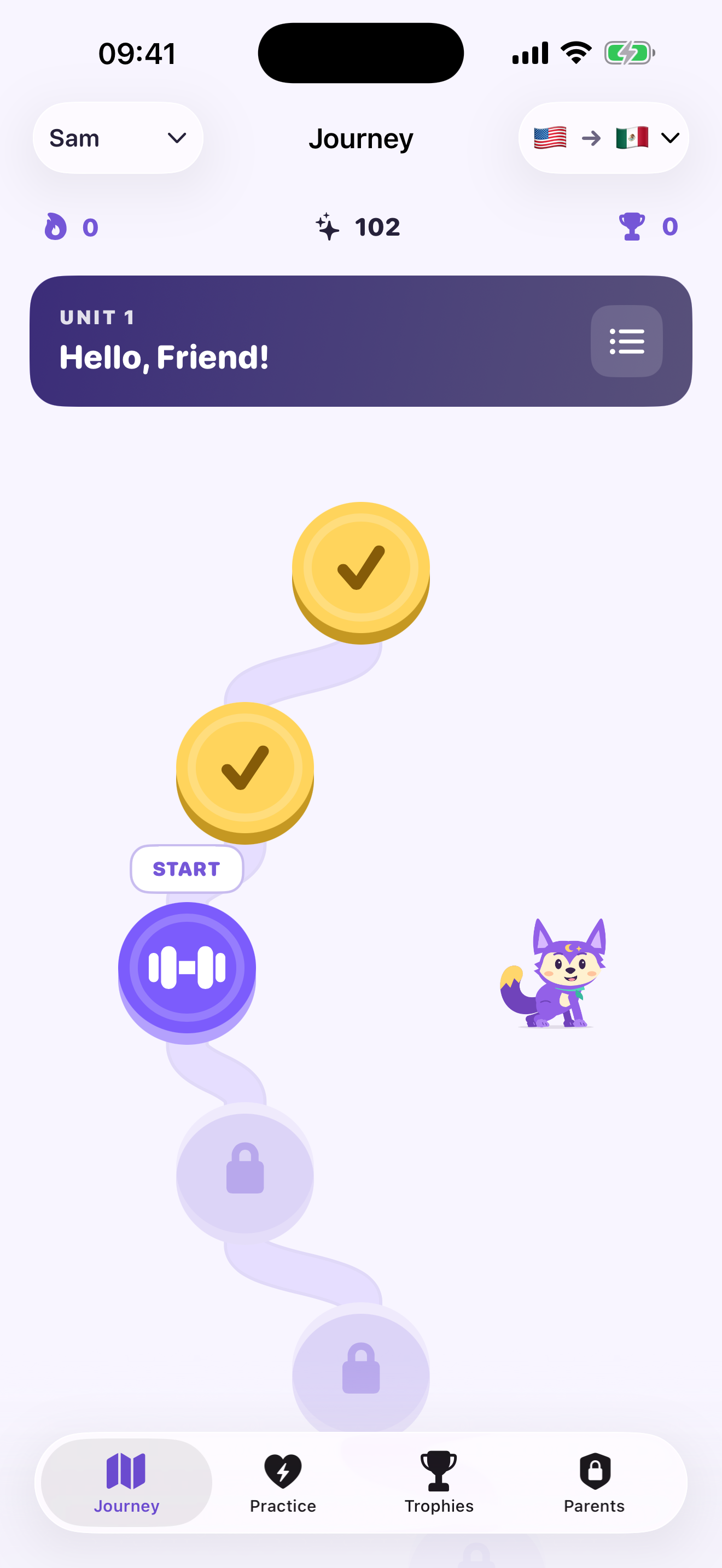The updated Journey follows a winding path between lessons, with learner and language shortcuts