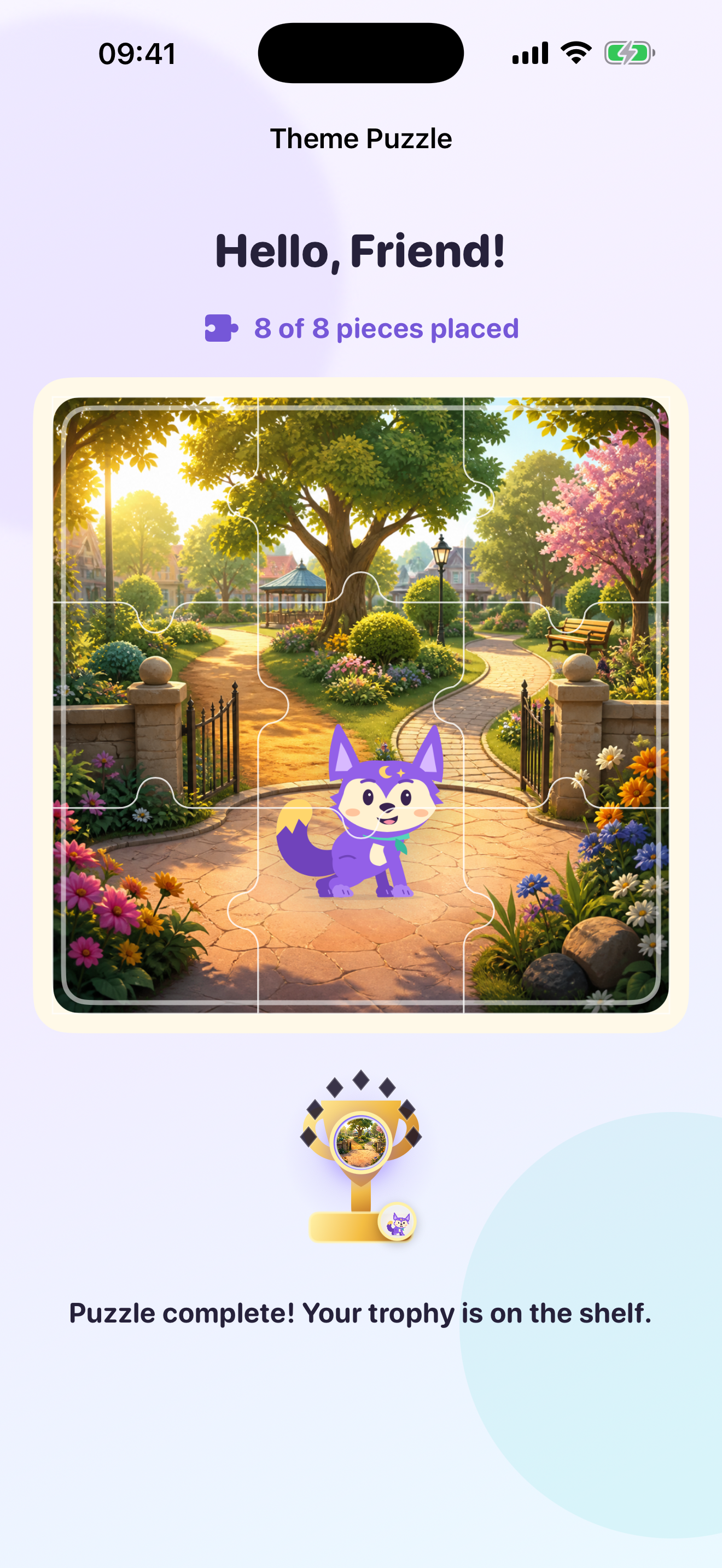 A completed Luna picture puzzle with all eight earned pieces