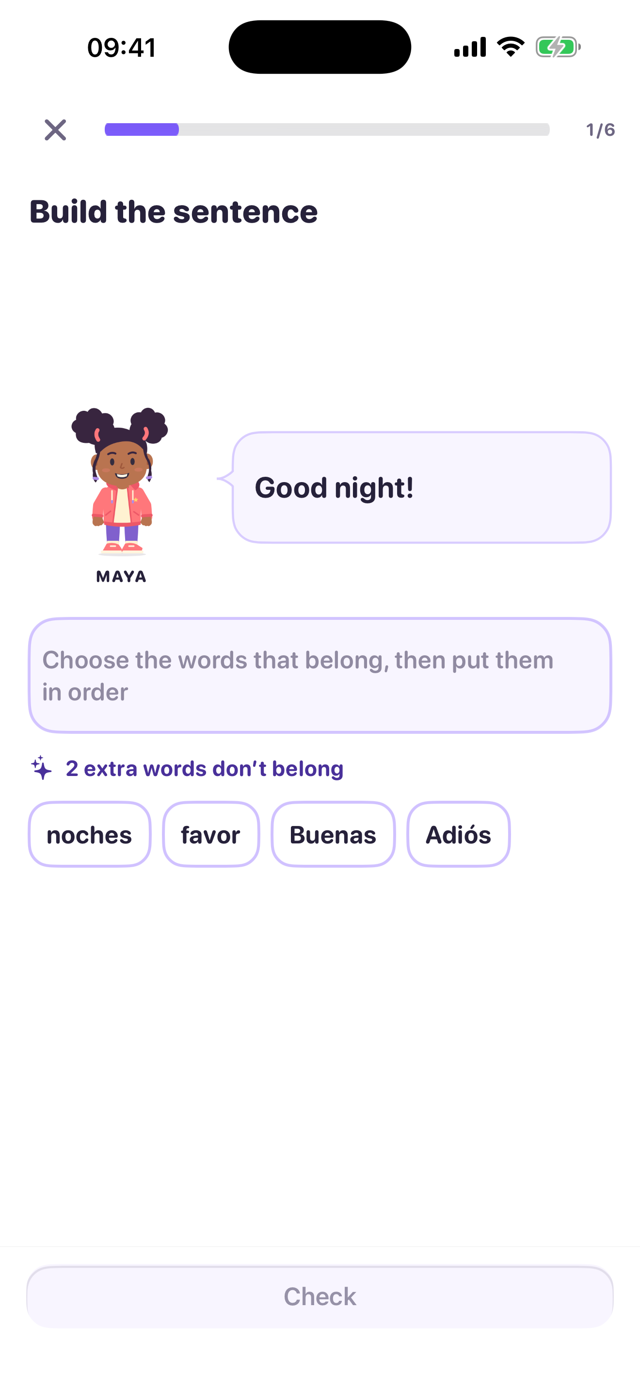 A lesson guide introduces a sentence-building activity with word tiles