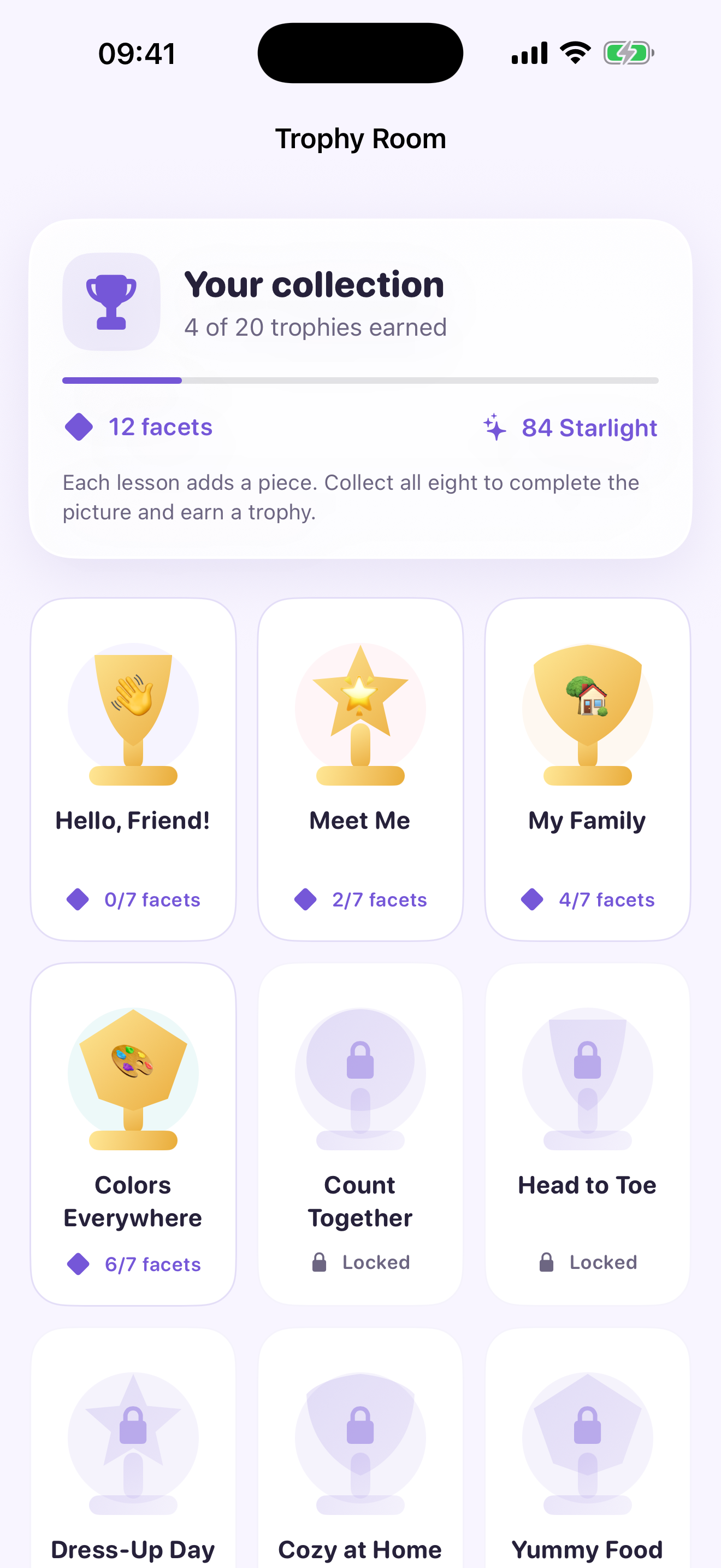 The Trophy Room displays earned theme trophies, puzzle progress, and shining facets