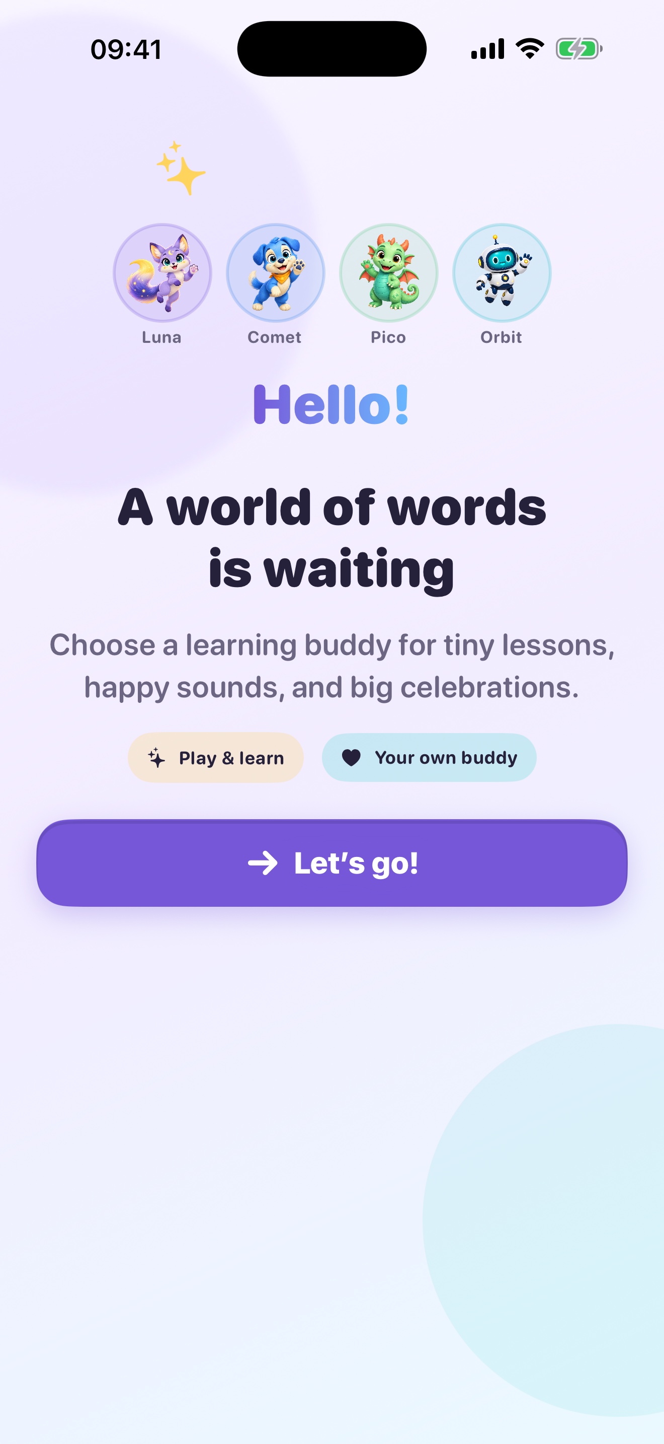 Lingo Luna welcome screen showing Luna, Comet, Pico, and Orbit